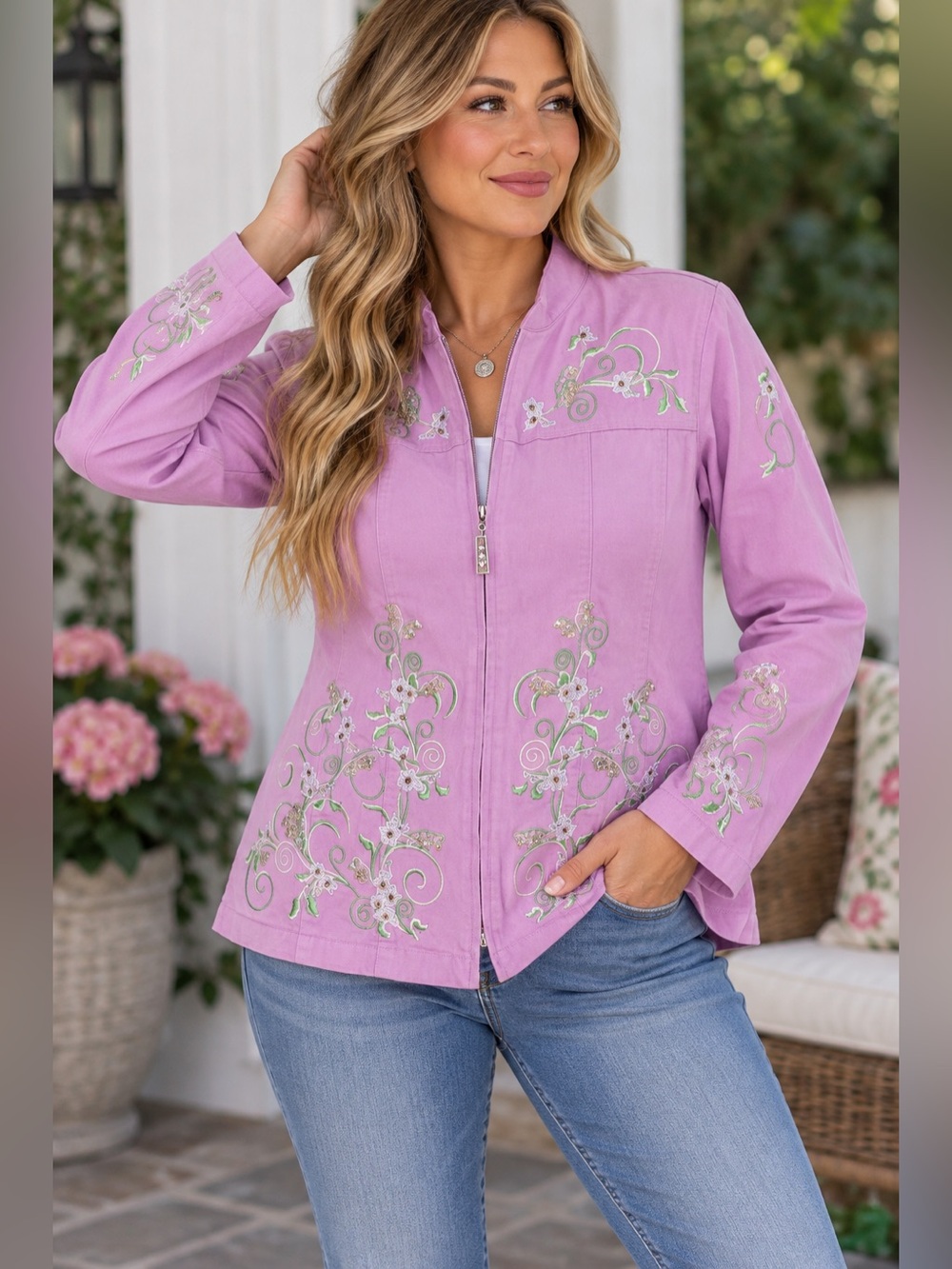 Quacker Factory Lavender Embroidered Zip-Front Utility Jacket